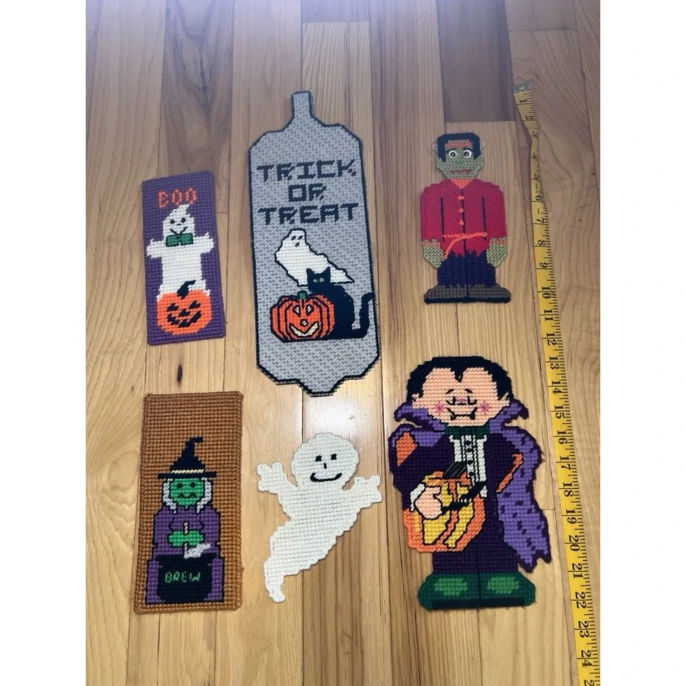 Halloween Plastic Canvas Needlepoint Decor Lot Handmade Witch Ghost Vampire